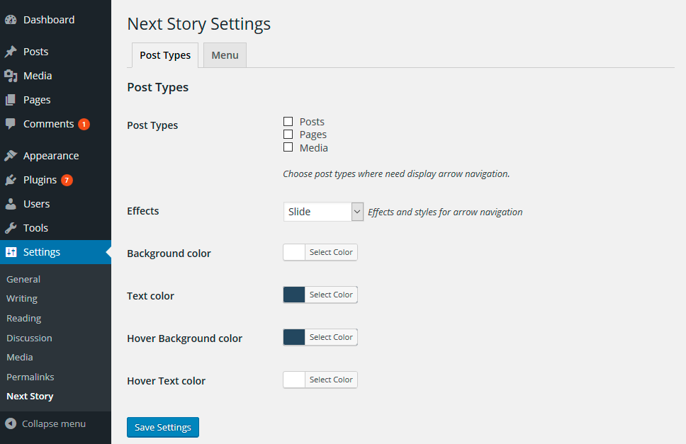 Settings page