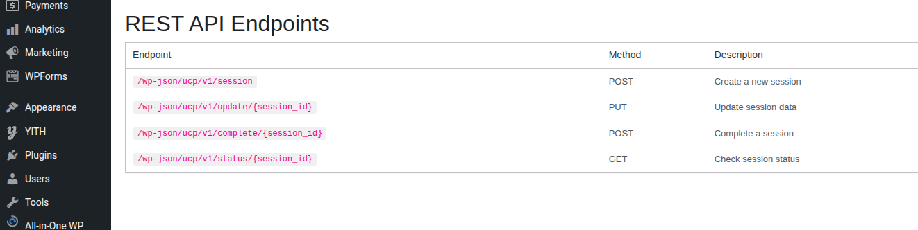REST API endpoint documentation