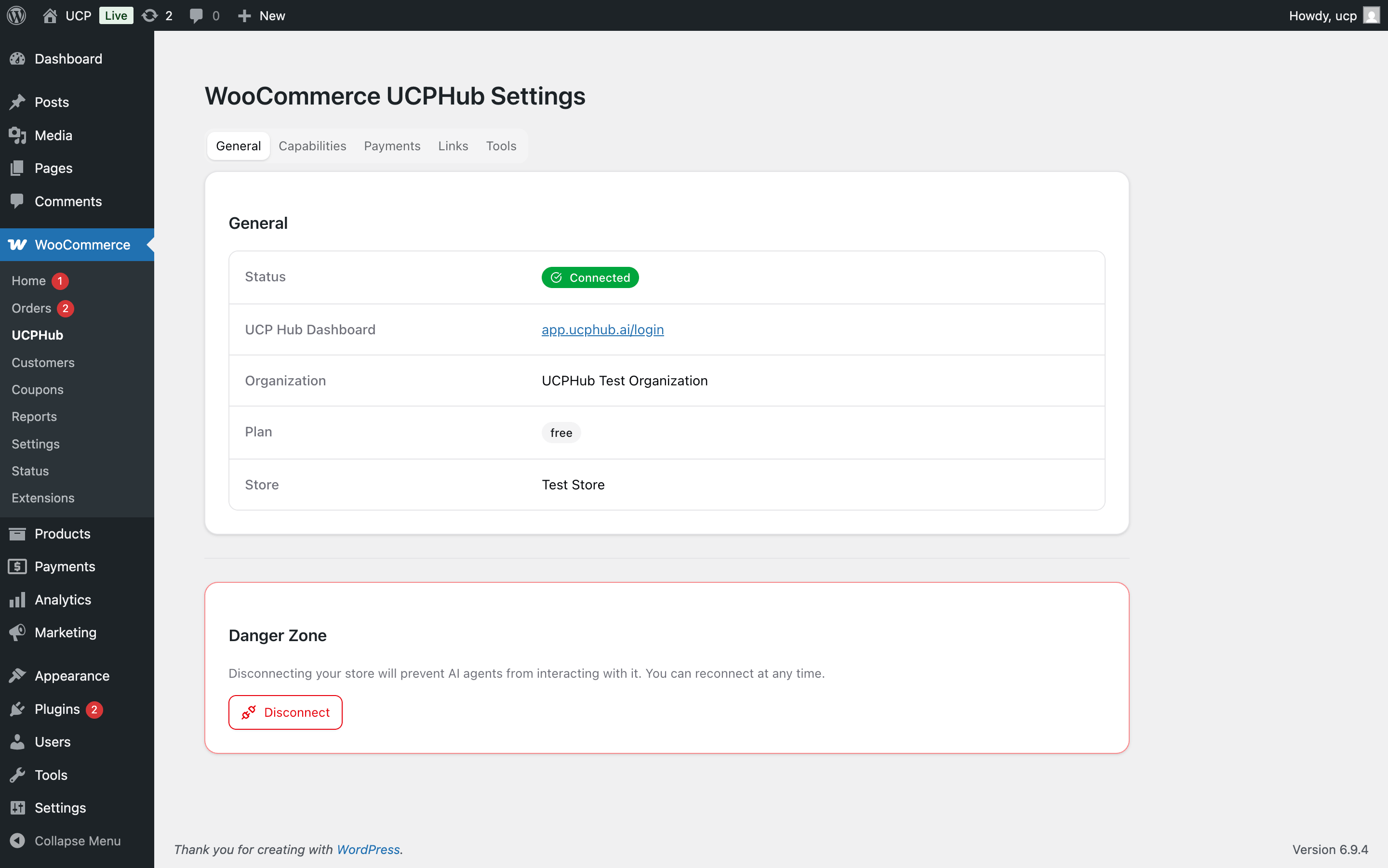General tab showing connection status, organization, and store details.