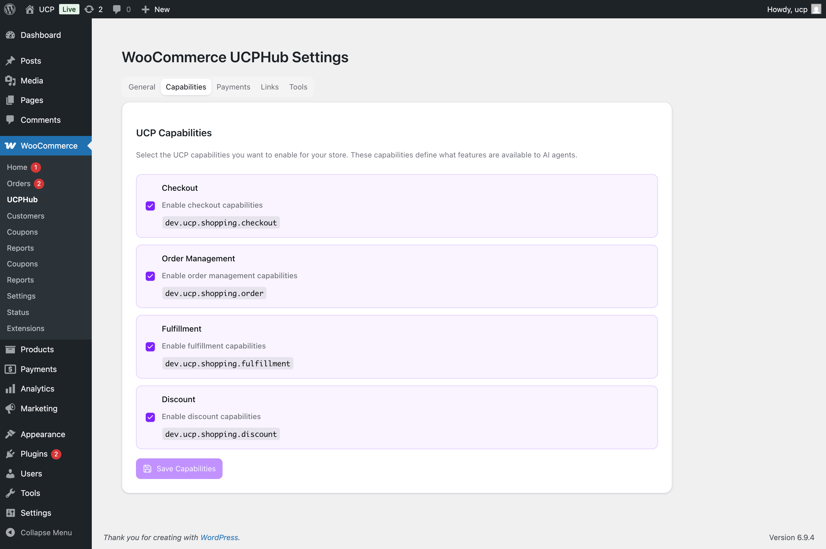 Configure which UCP capabilities are available to AI agents.