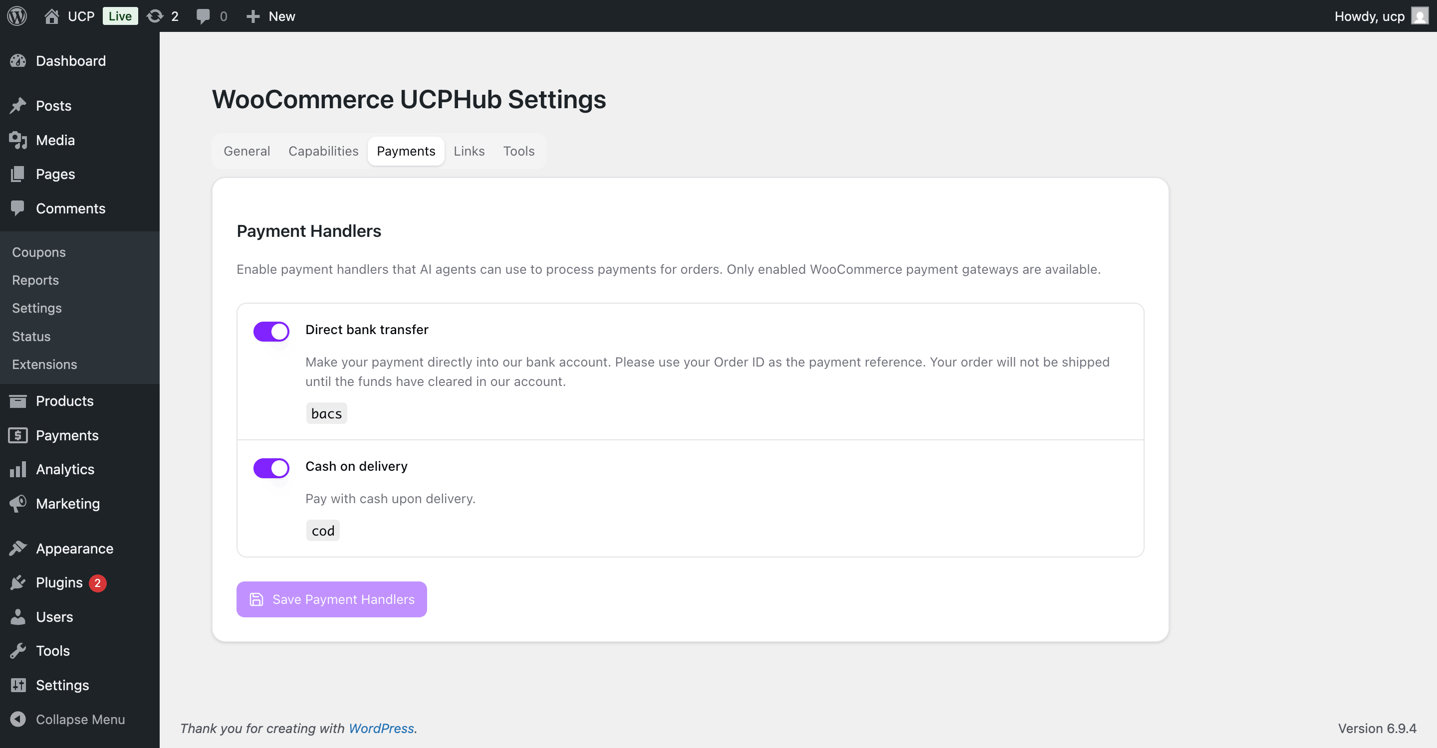 Enable payment handlers that AI agents can use for orders.