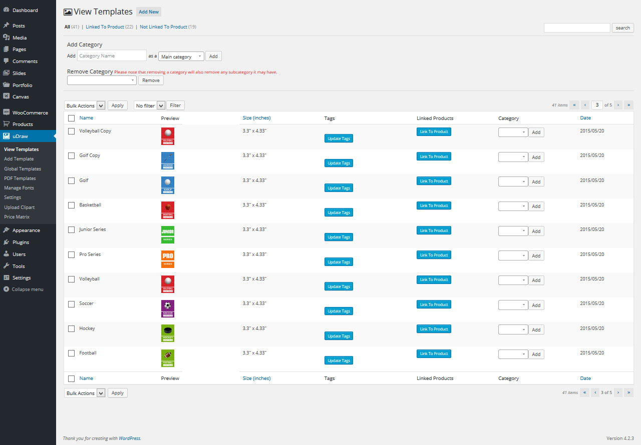 uDraw template management section.