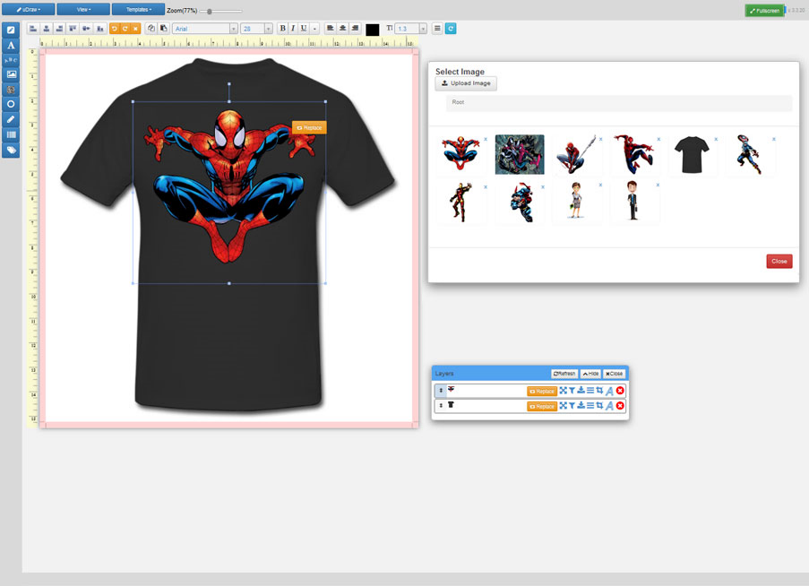 T-Shirt template while accessing custom clipart storage.