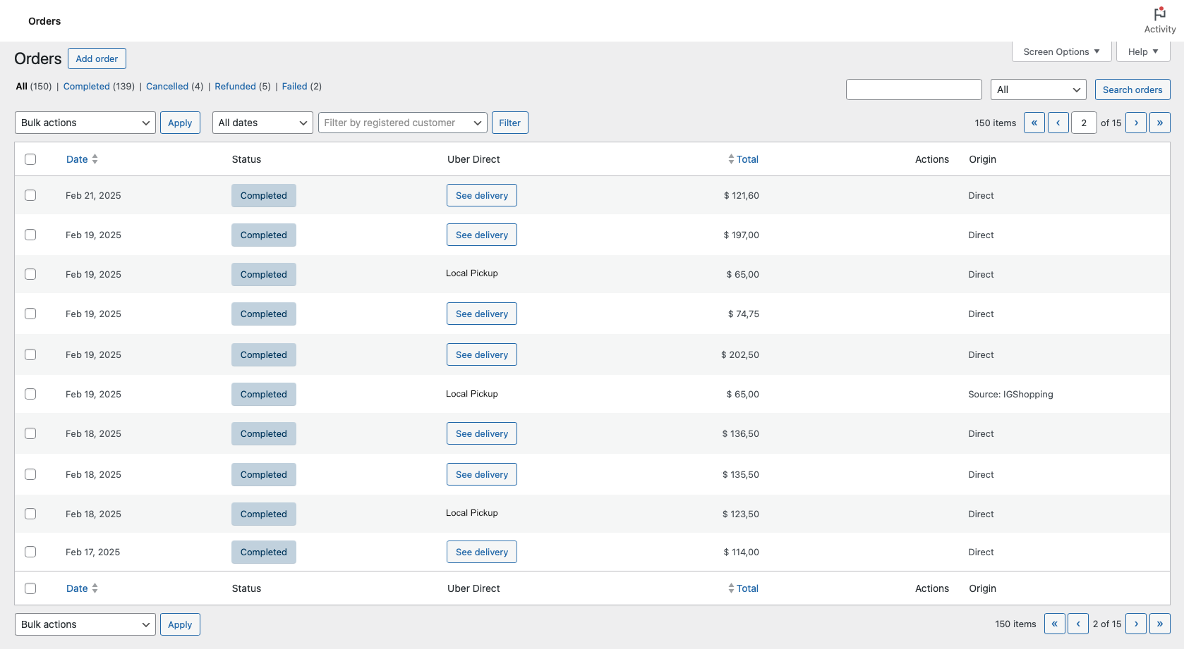 Call a delivery directly from the list in Orders Page