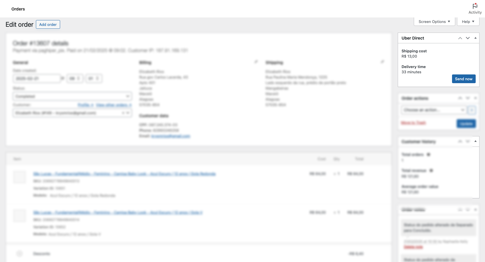 Order details page showing delivery status and tracking information