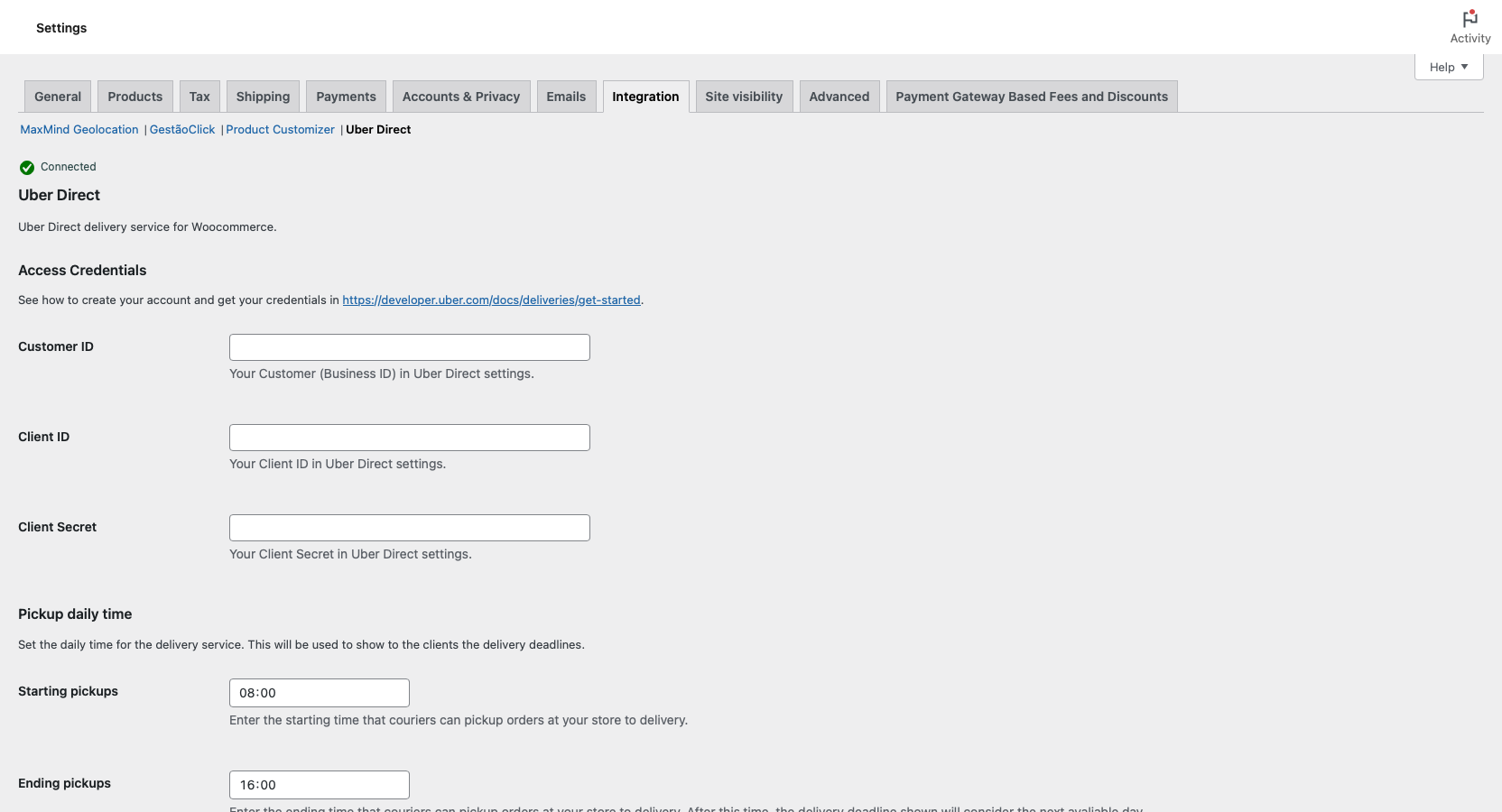 WooCommerce Integration settings page where you can configure your Uber Direct API credentials