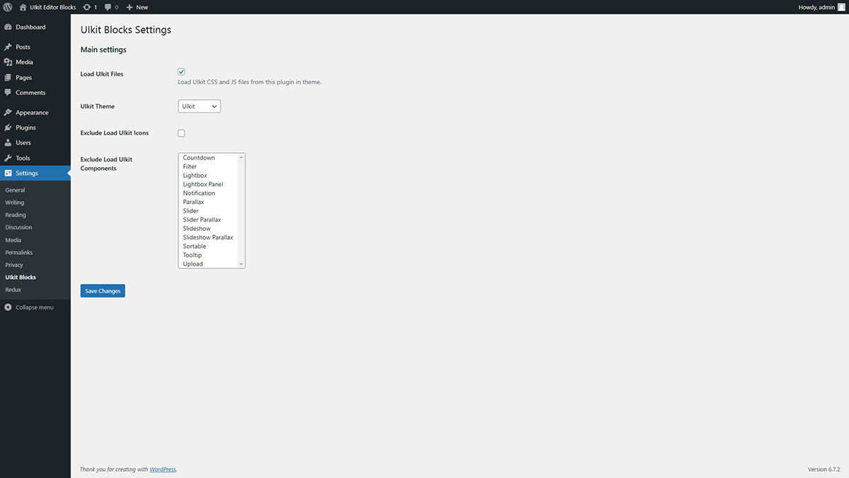 UIkit blocks settings page.