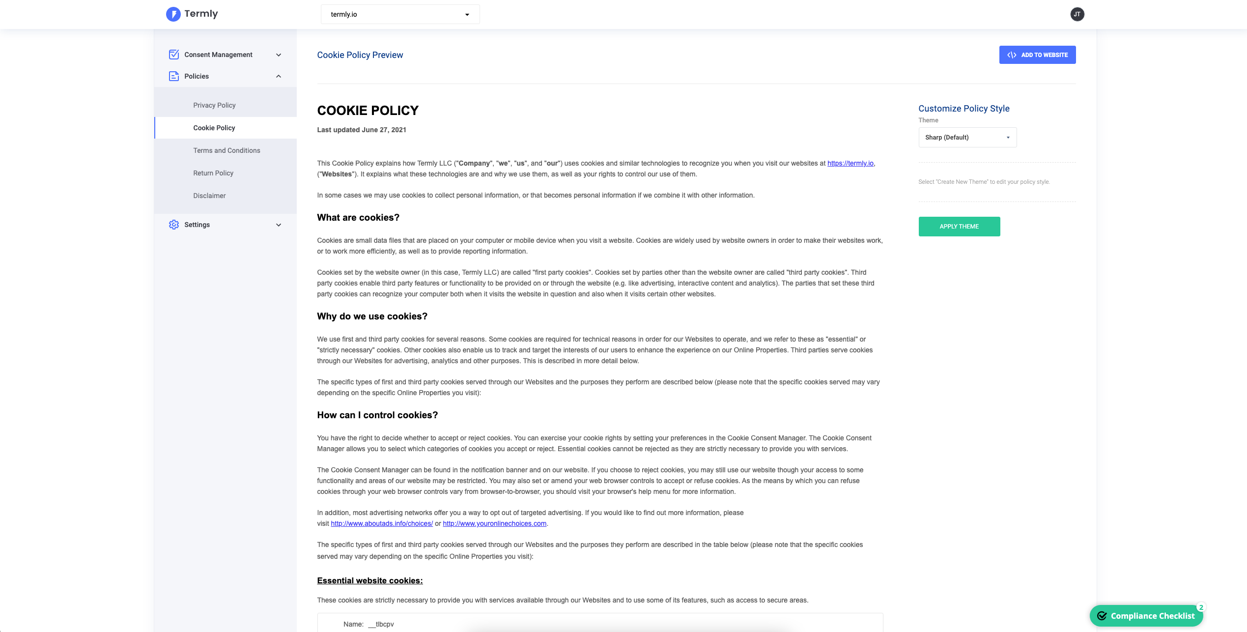 Generate a free cookie policy that auto-updates after every scan of your site.