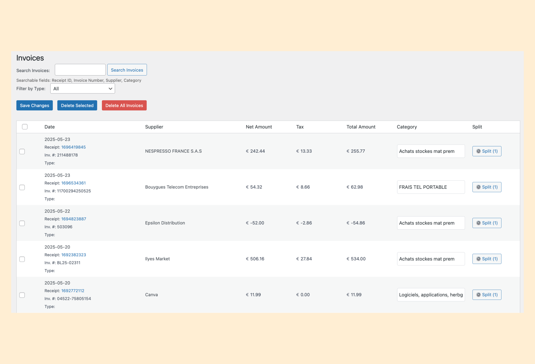 **Invoices Management** (screenshot-2.png): Manage, categorize, and spread invoice costs with a searchable and paginated table.