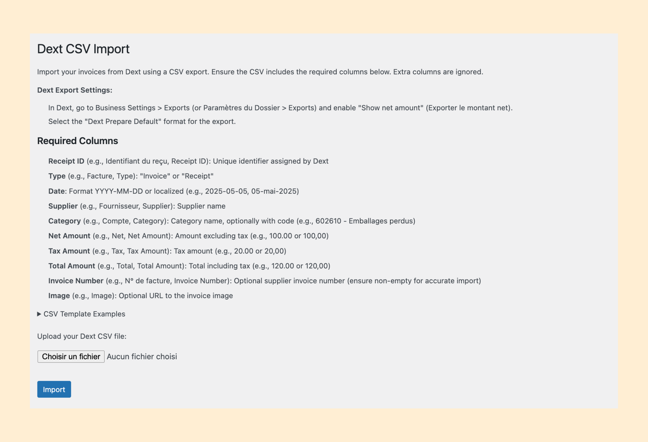 **Dext Import** (screenshot-5.png): Upload Dext CSV files with a clear template and validation.