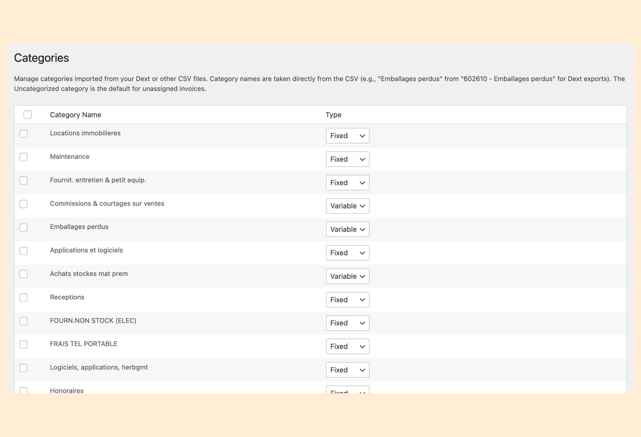 **Category Management** (screenshot-7.png): Assign Fixed, Variable, or None types to categories for cost analysis.