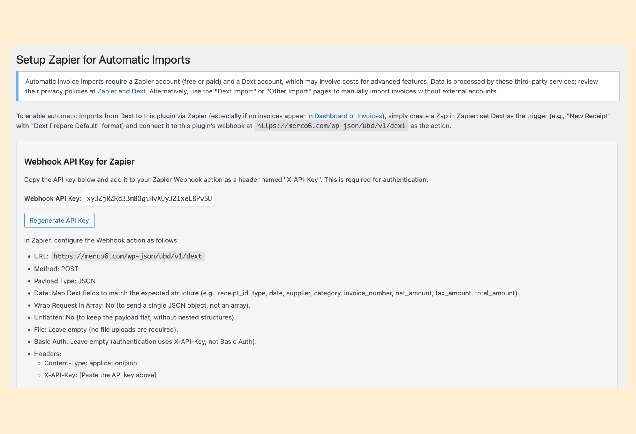 **Zapier Setup** (screenshot-8.png): Configure automatic imports from Dext via Zapier webhooks.