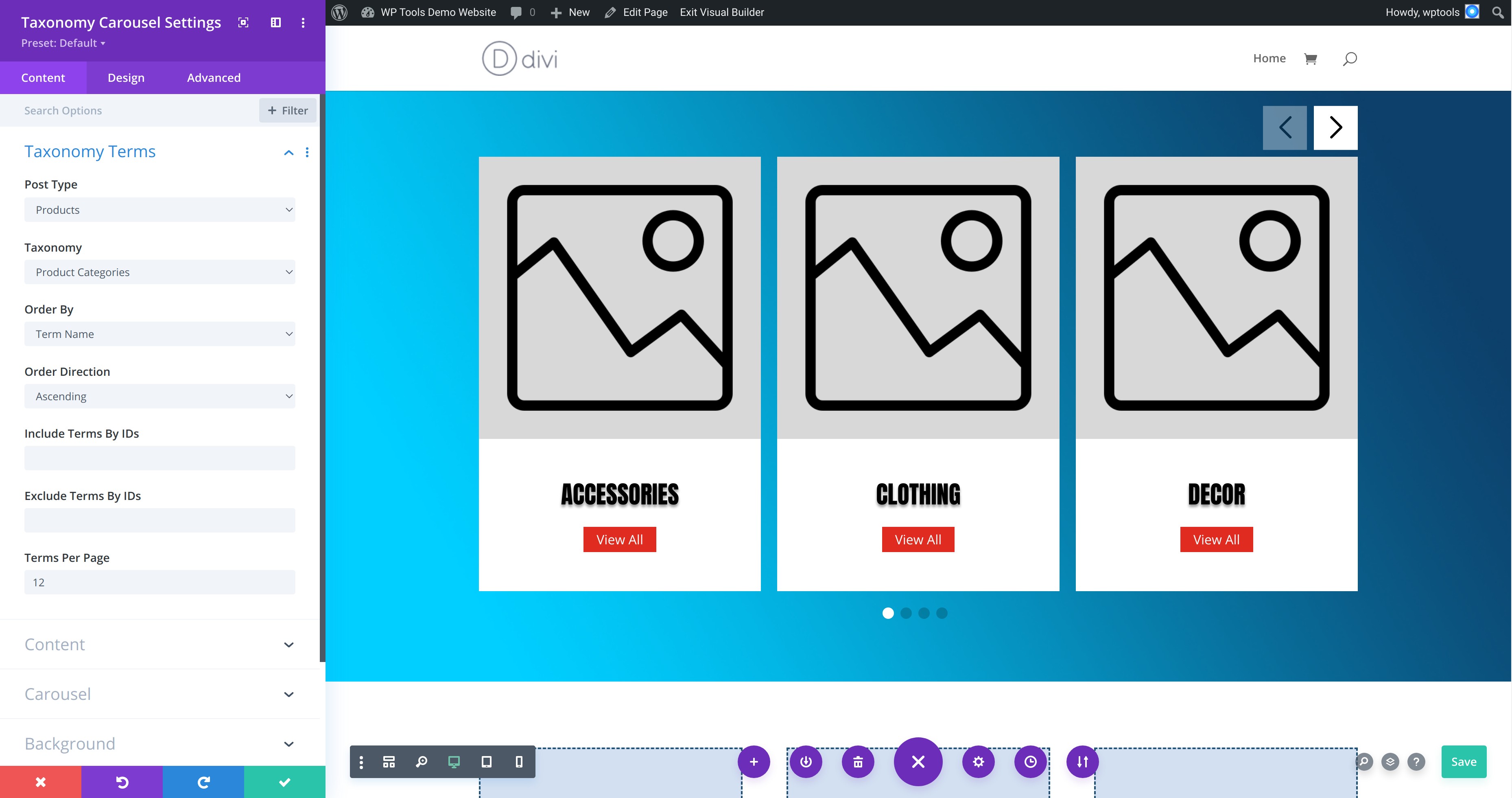 "Taxonomy Carousel" Divi Module On Visual Builder