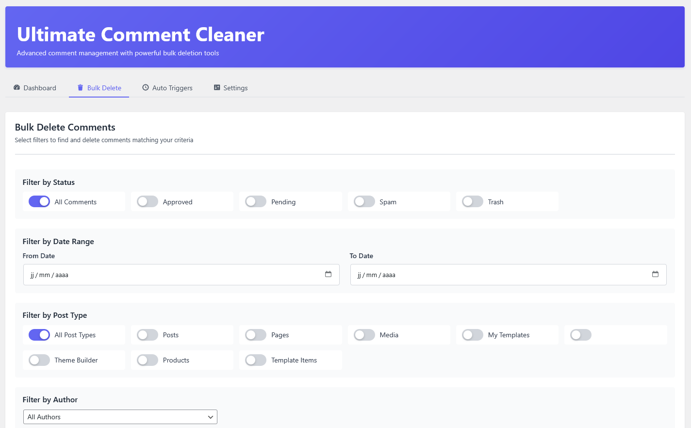Bulk delete interface with advanced filters