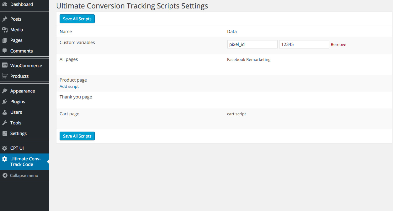 Here you can see how you can manage all your scripts and custom variables.