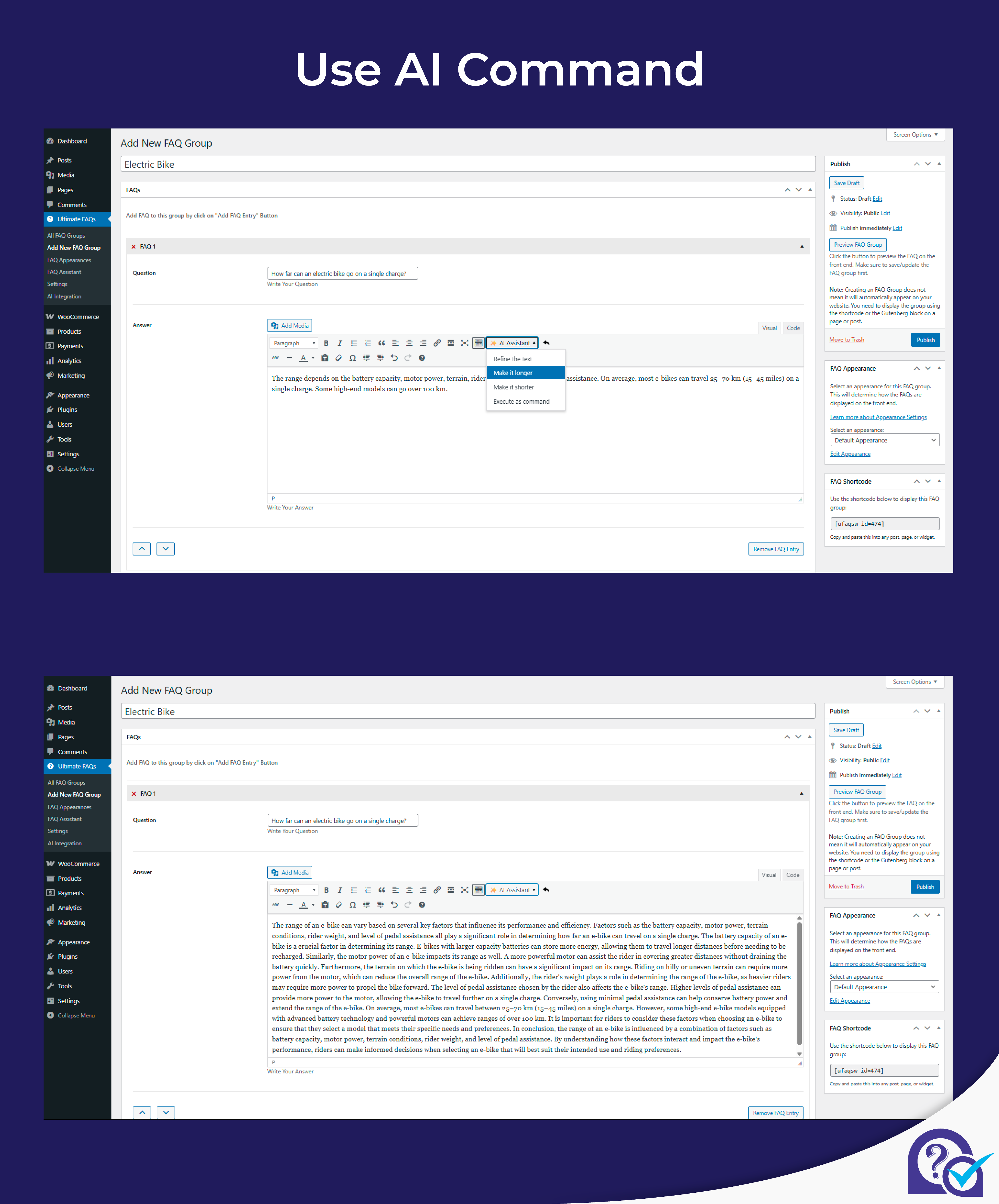 AI Integration settings: Configure and enable AI-powered answer suggestions for your FAQs, allowing you to generate answers instantly with a single click.
