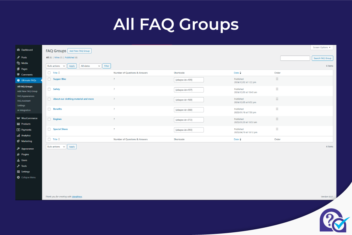 Assigning a FAQ group to a WooCommerce product: Easily link specific FAQ groups to individual products.