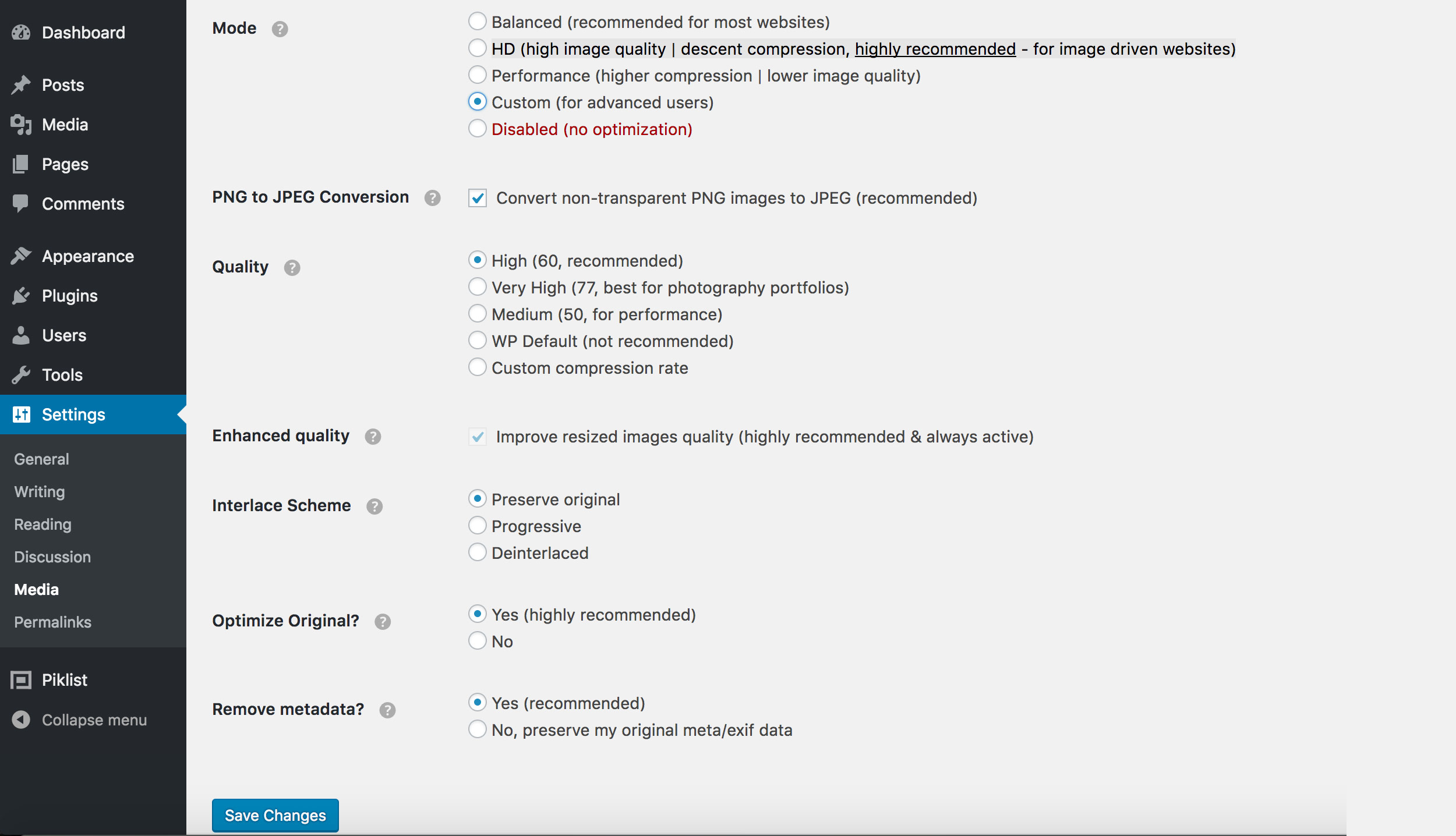 Dashboard -> Settings -> Media -> Mode Custom.