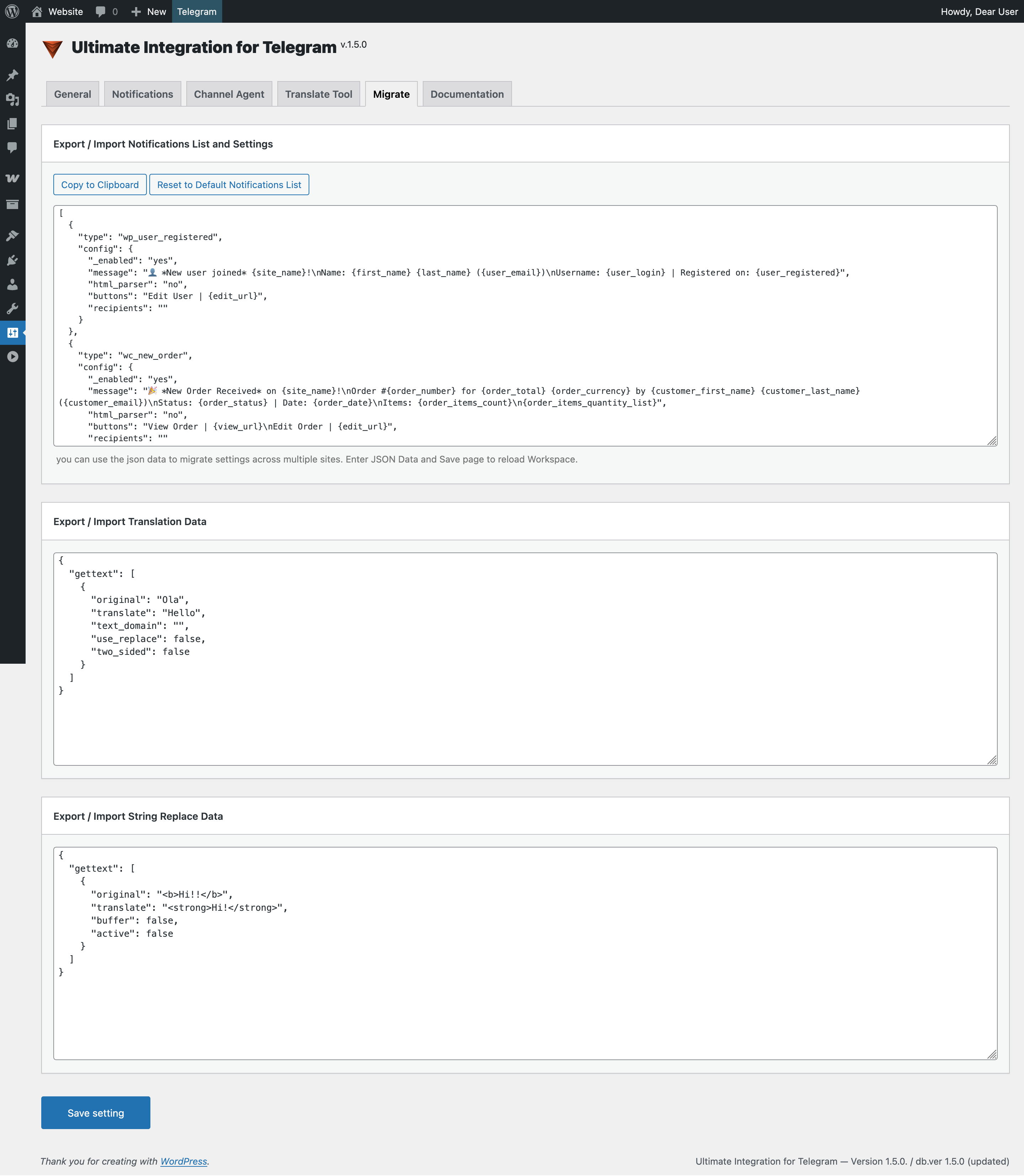 Setting > Migration Panel