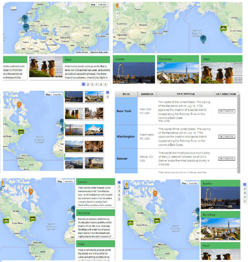 Map with different marker lists - display all map markers - as a list below your map. This will help your users get more info about your map