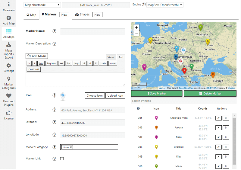 [Ultimate Maps WordPress plugin](https://supsystic.com/plugins/ultimate-maps "Ultimate Maps WordPress plugin") admin area. Markers settings