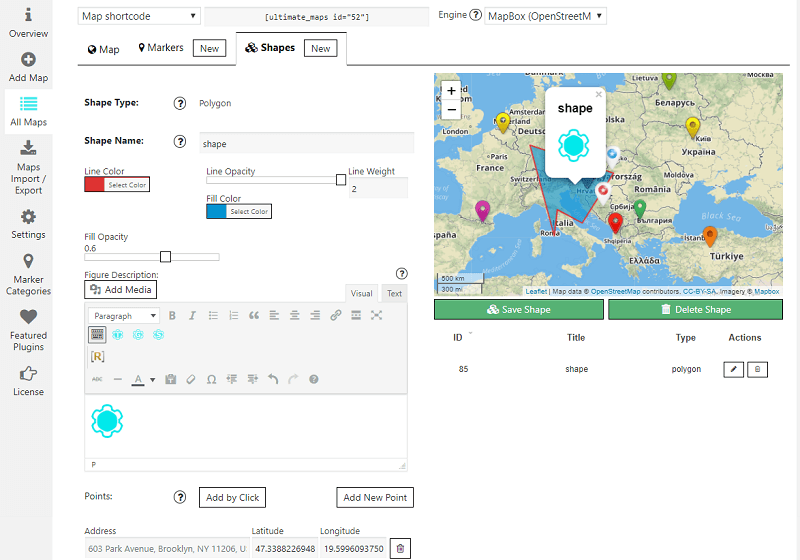 [Ultimate Maps WordPress plugin](https://supsystic.com/plugins/ultimate-maps "Ultimate Maps WordPress plugin") admin area. Shapes settings (pro)