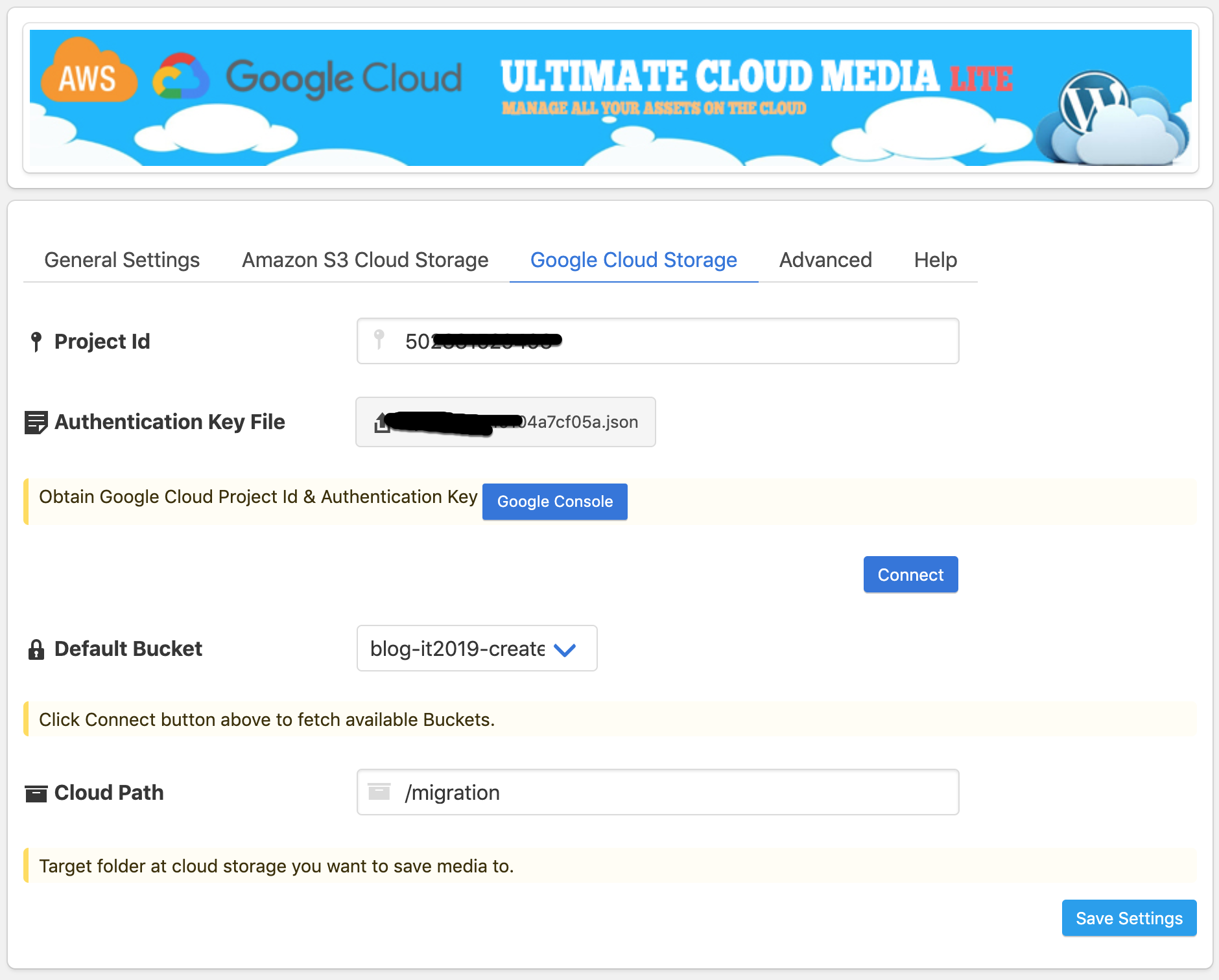 Google Cloud Setting Section.