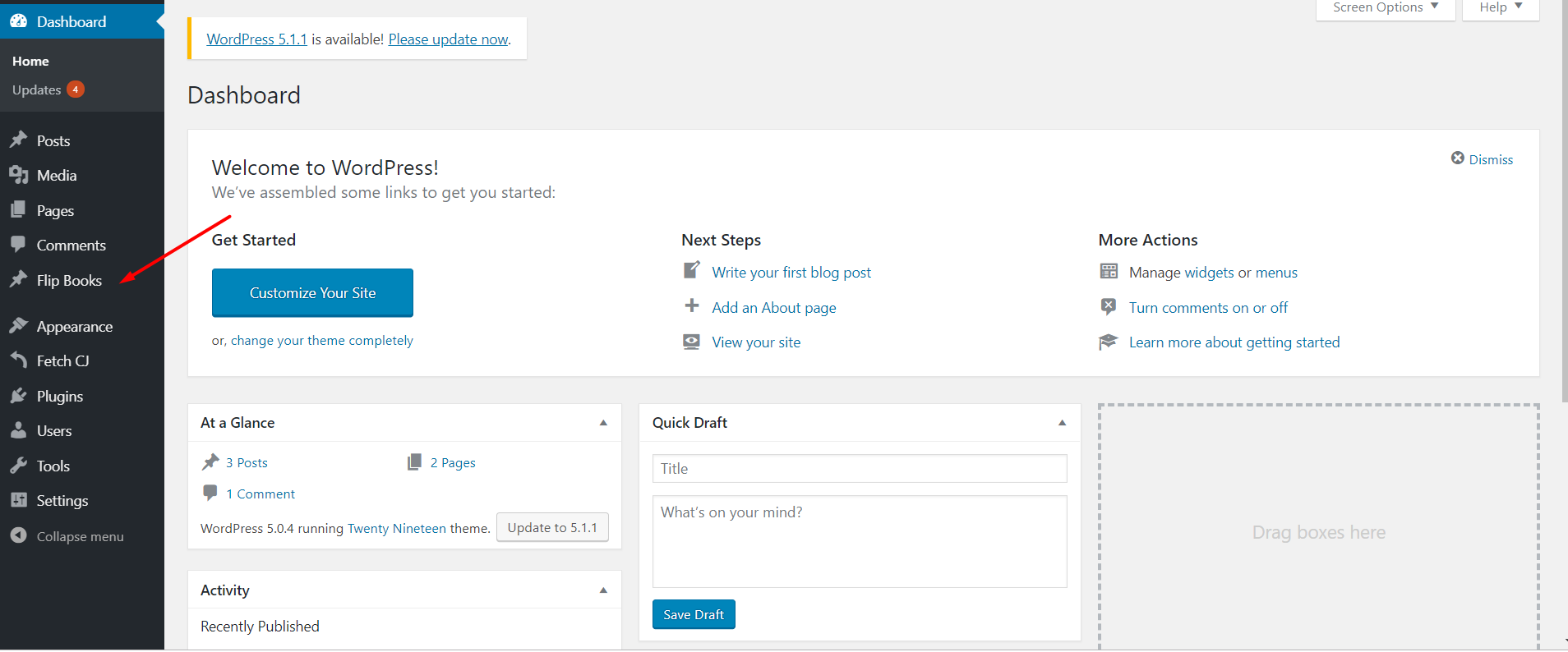 Flipbooks Option in the Wordpress Dashboard Sidebar