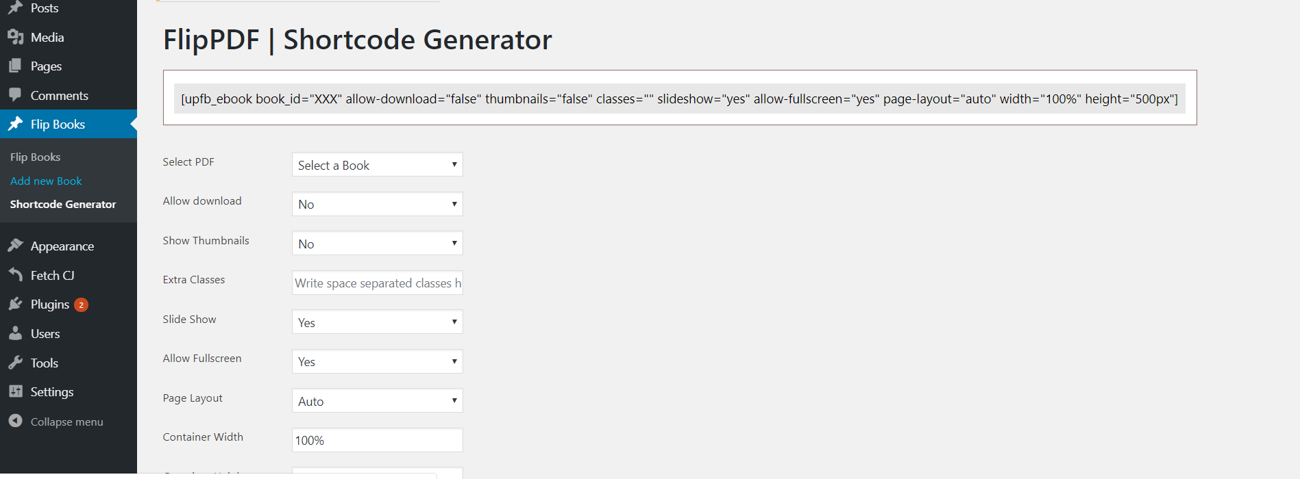 Ultimate Flipbooks Shortcode Generator Page
