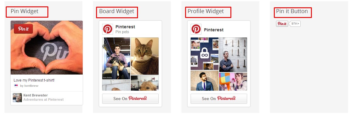 Screenshot of Pin It Button, Pin Widget, Profile Widget, Board Widget