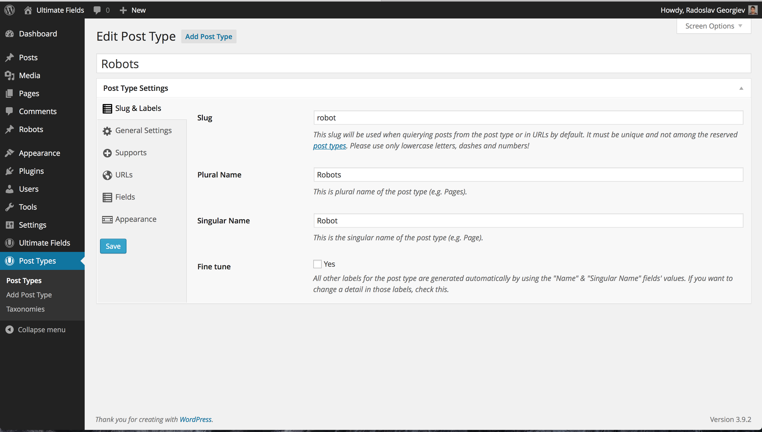 This screenshot shows the main page where you can set a post type up.