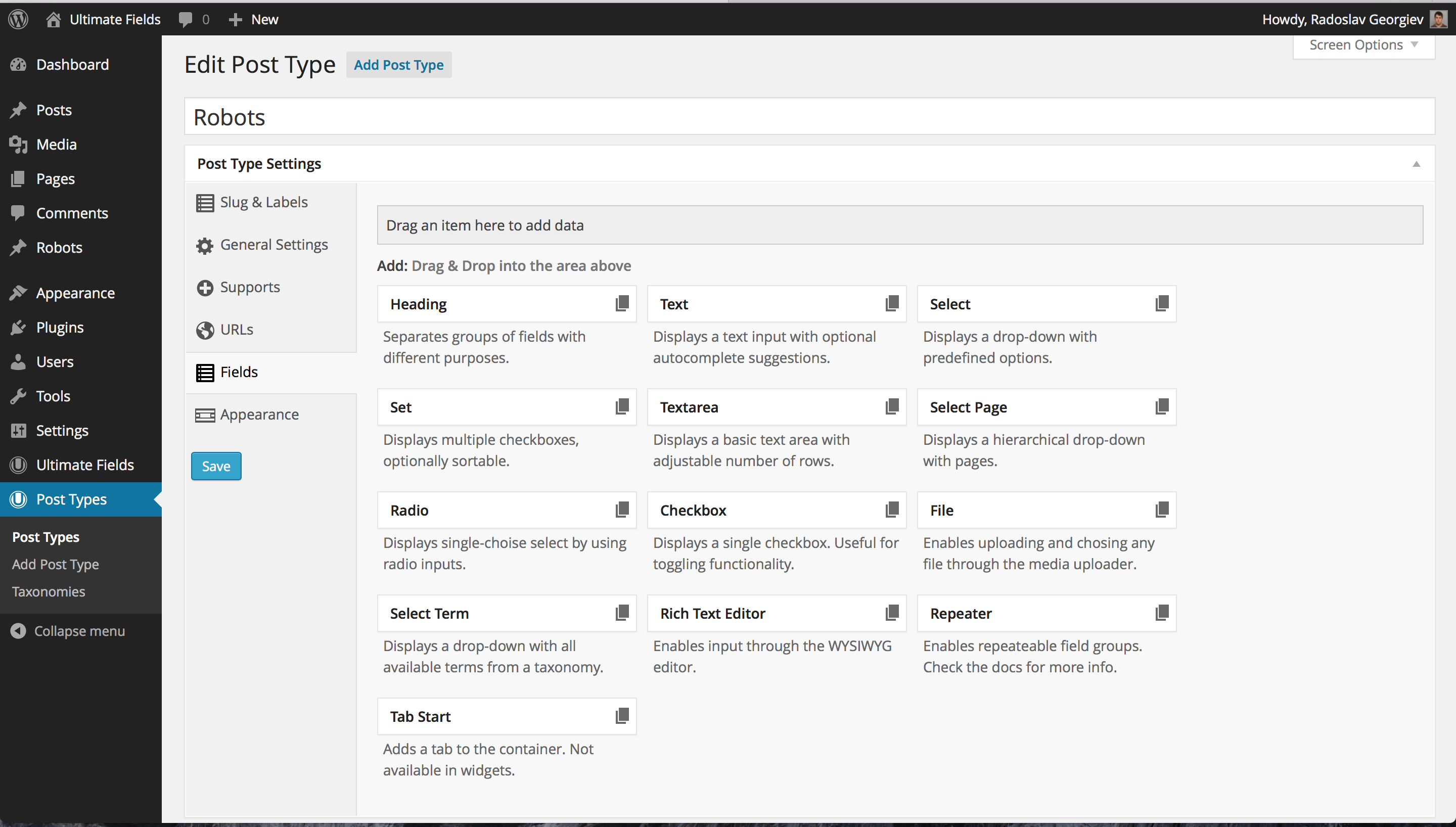The second screenshot shows how the Fields interface looks.