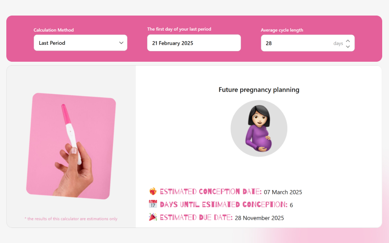Frontend view of the pregnancy calculator