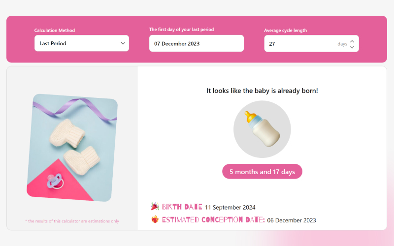 Frontend view of the pregnancy calculator