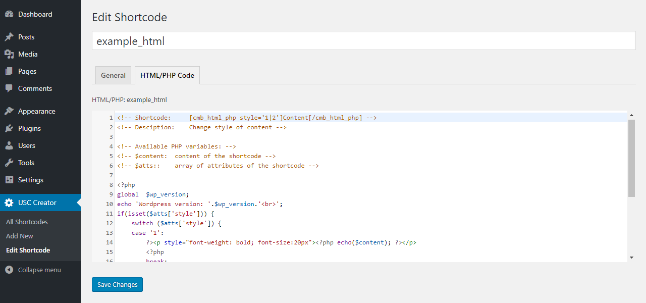 HTML/PHP edition tab.