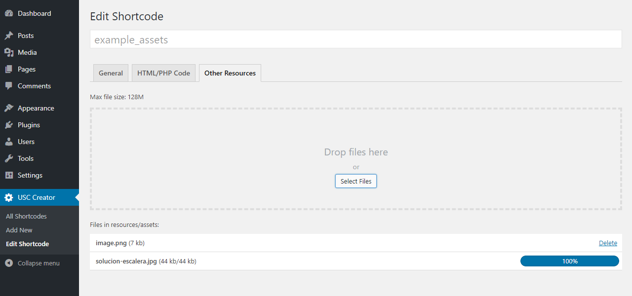 Resources upload files tab.