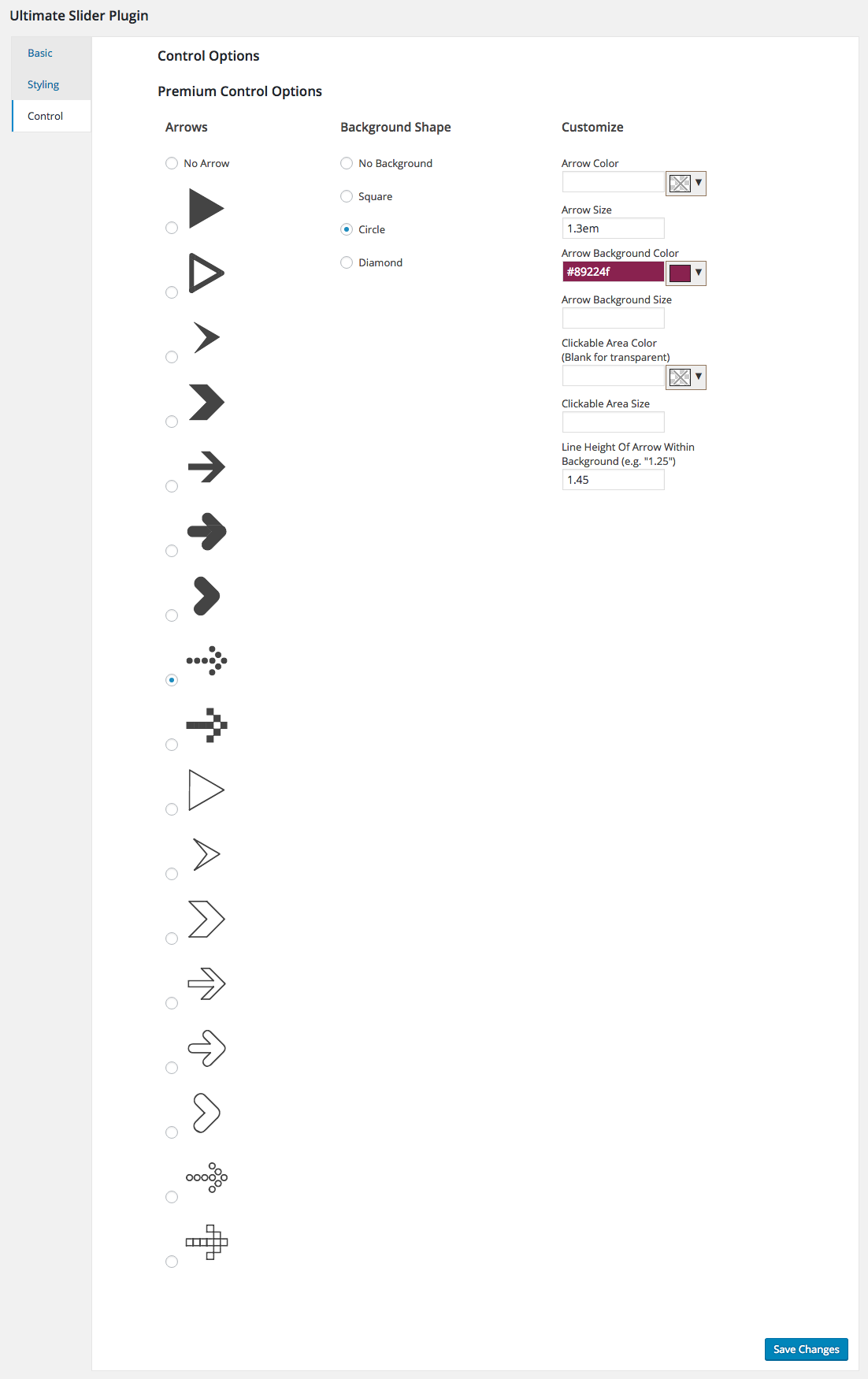 The 'Controls' options page, where you can set the arrows, colors and backgrounds