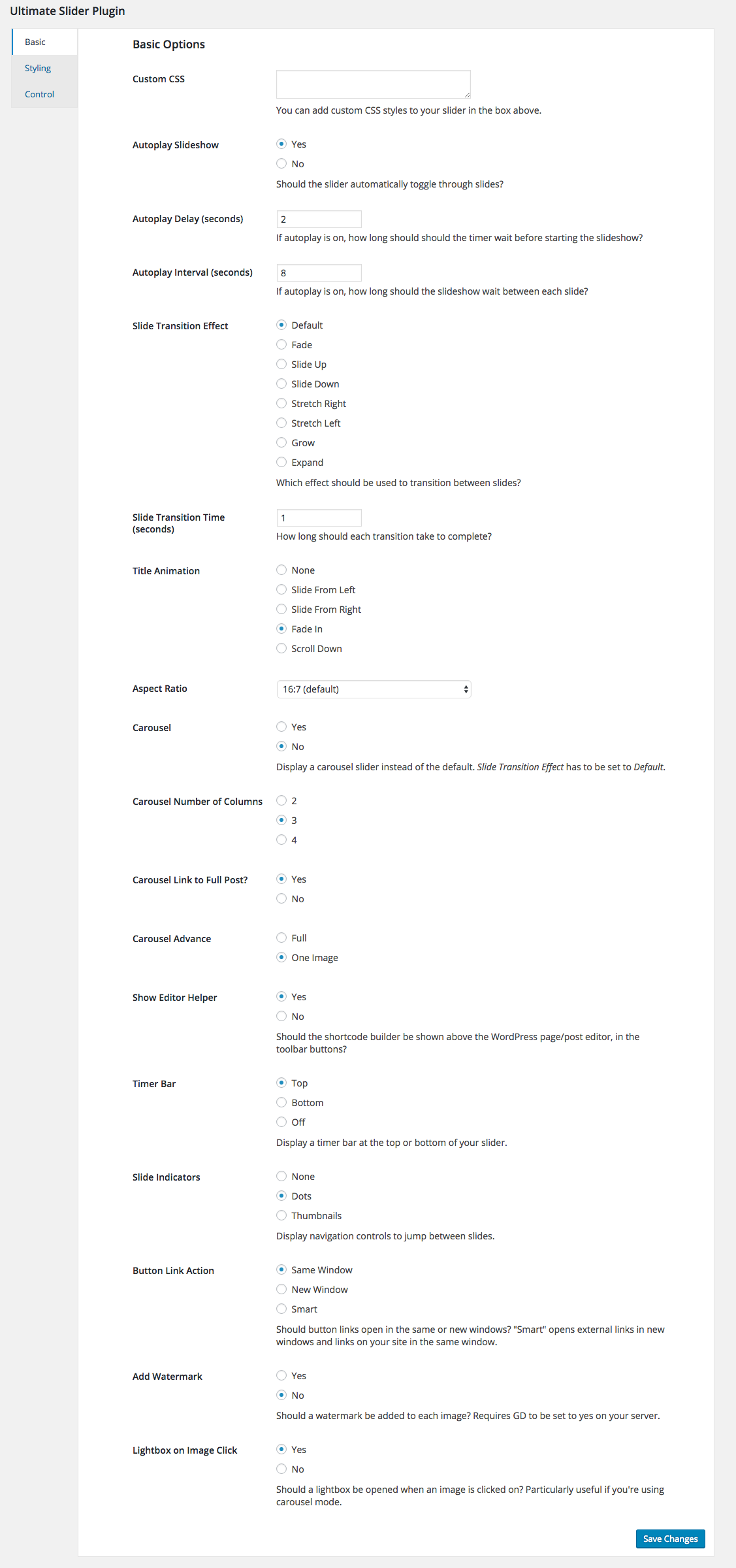 The slider options page