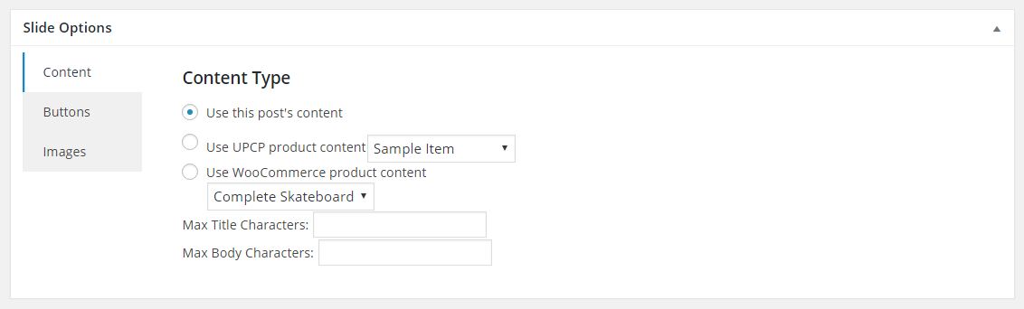 Individual slide options, showing choice of UPCP or WooCommerce integration