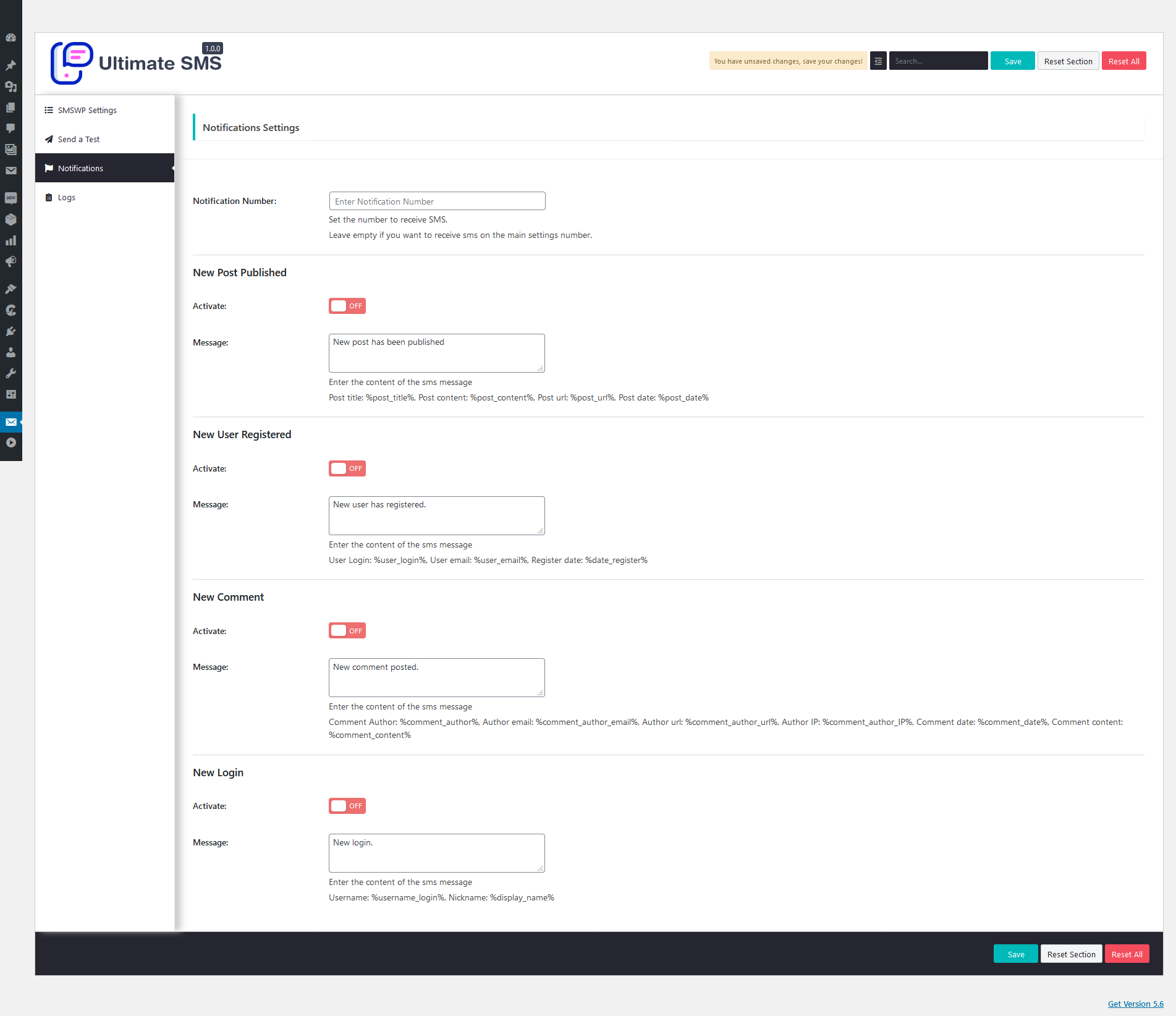 Receive SMS notifications as per your website activities