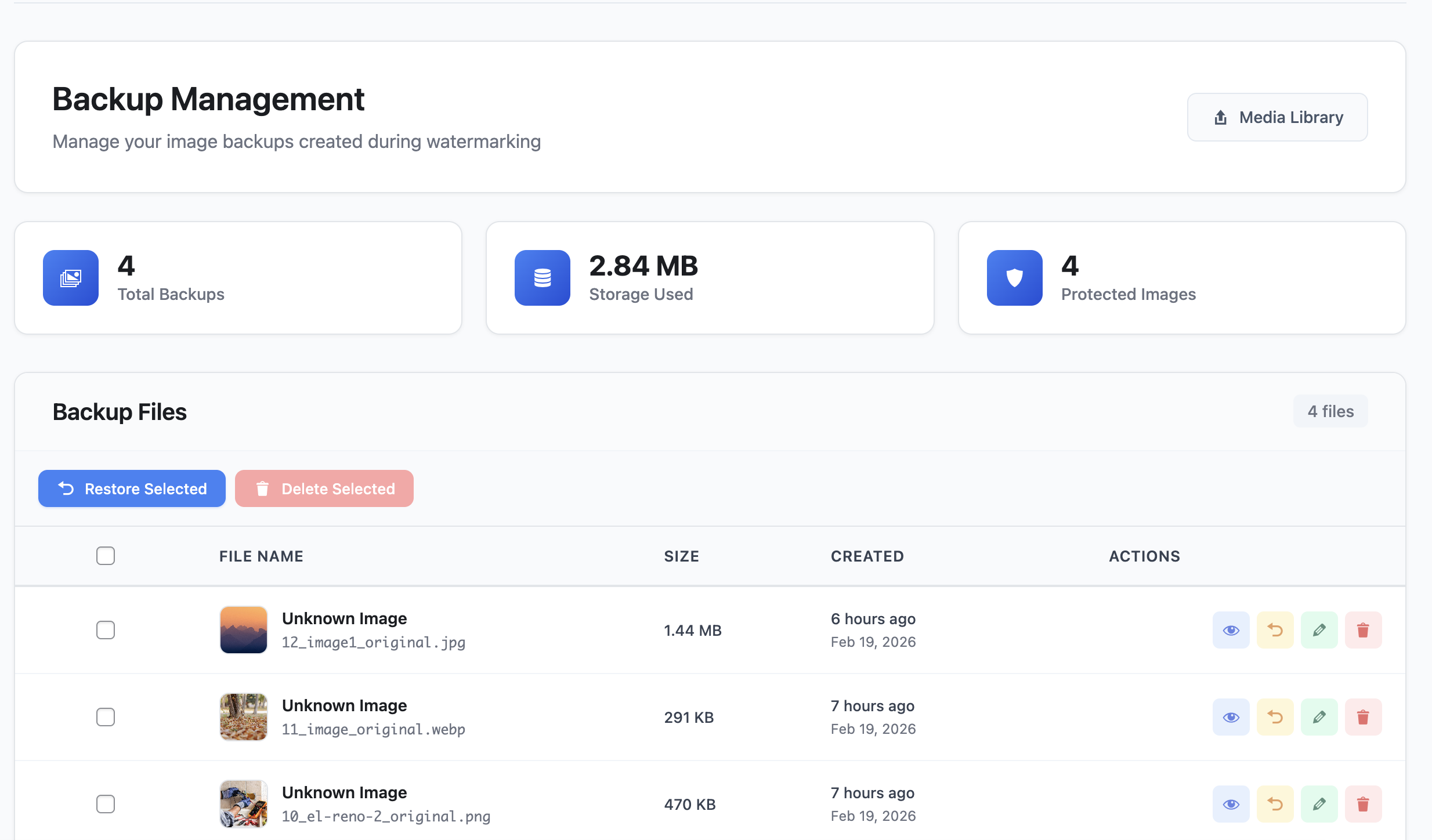 **Backup Management** - View and restore original images