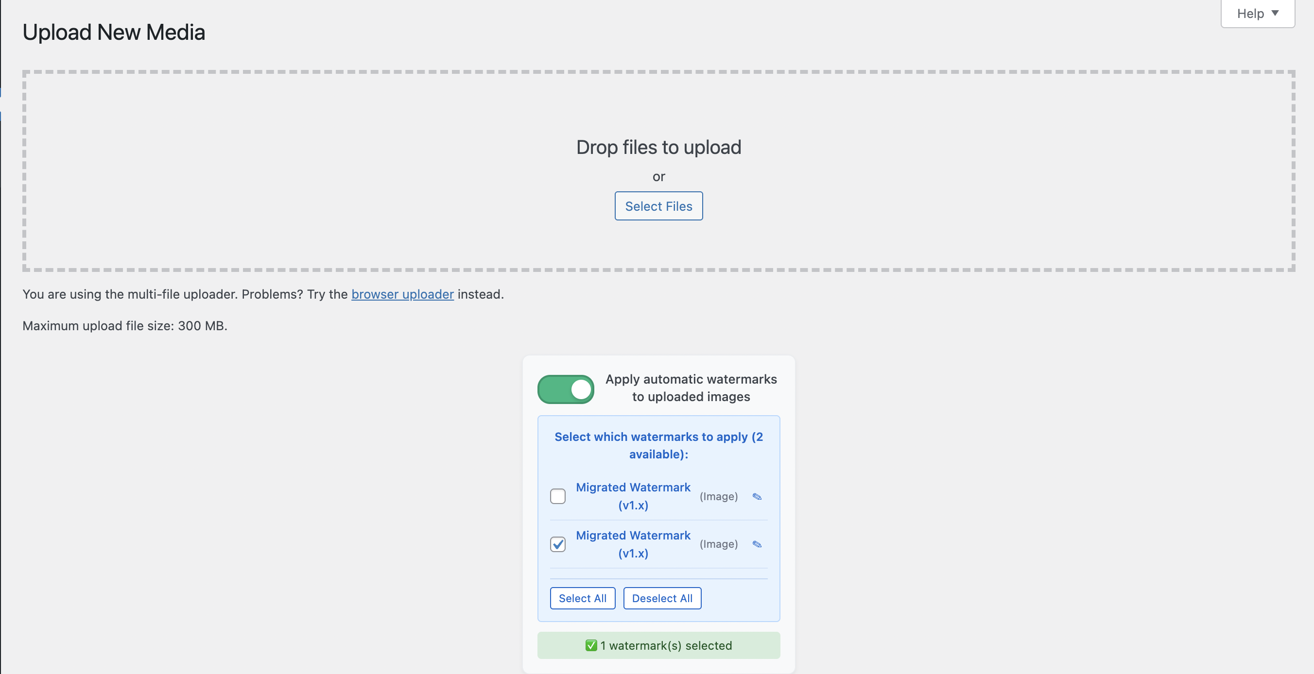 **Media Watermark** - apply watermark from media page.