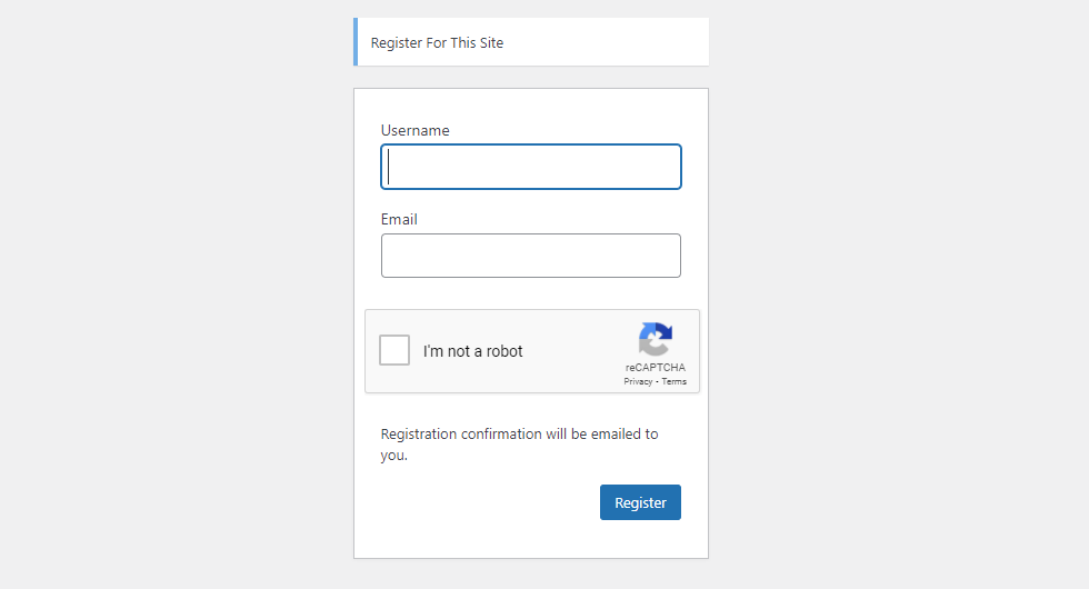 Registration form with reCaptcha.