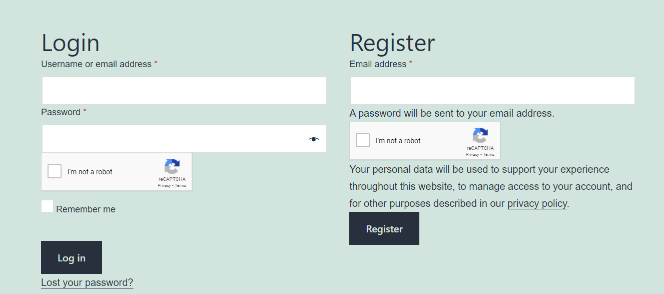 WooCommerce Login and registration form with reCaptcha.