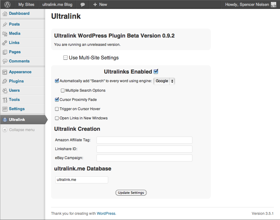 The ultralink control panel. From here you can customize your blog's ultralink settings.