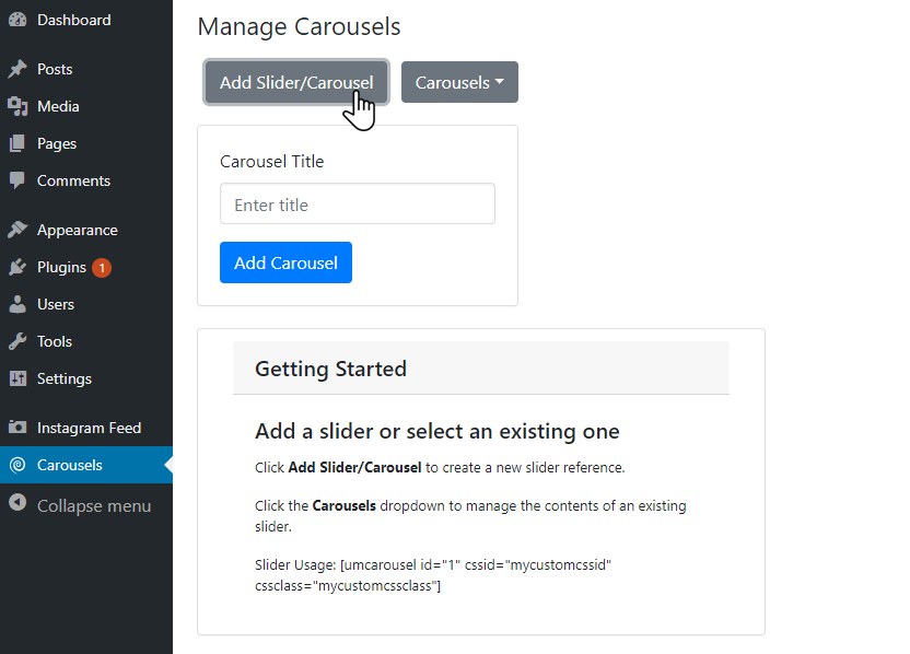 Add a new carousel reference by clicking "Add Slider/Carousel"