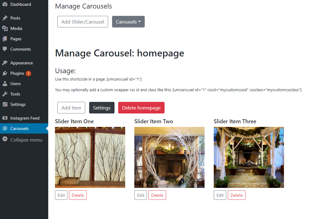 View a carousel reference by clicking the "Carousels" dropdown and selecting it