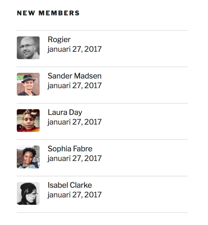 Drag the widget into a widget area, and you get a list of the most recent members on your framework.