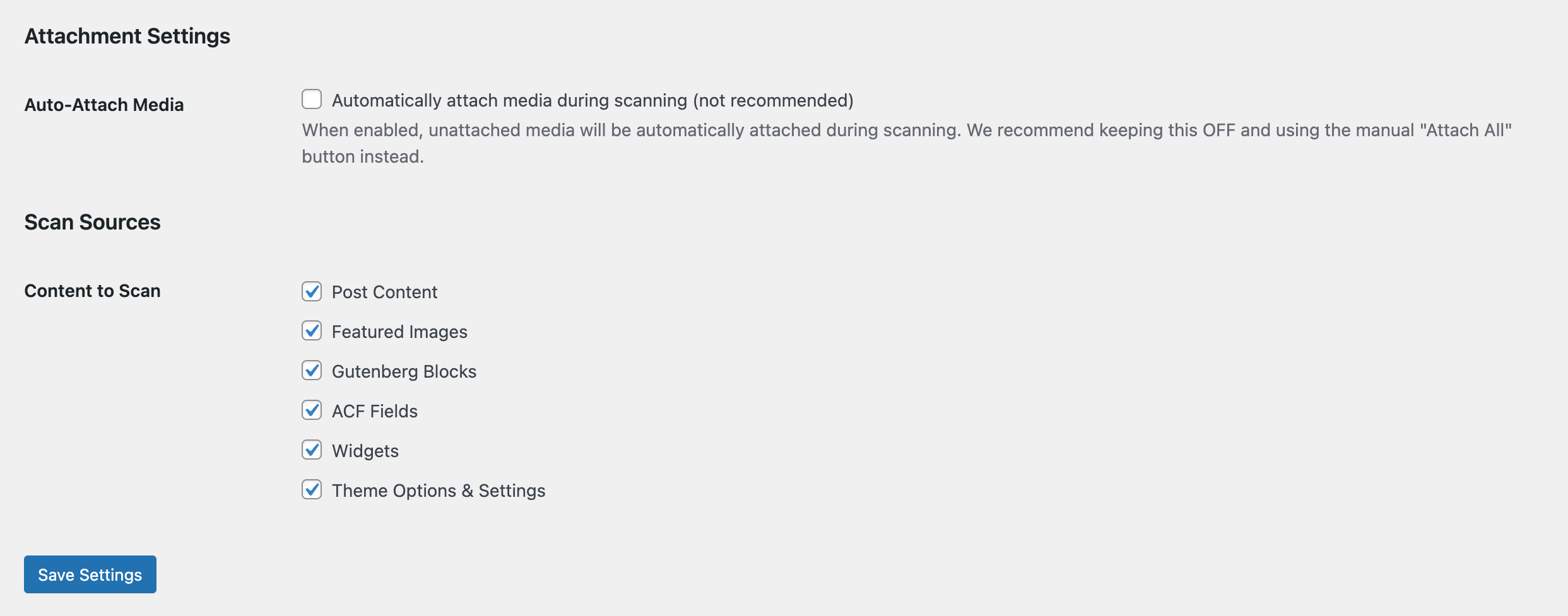 **Attachment Settings** - Choose which content areas (Post Content, Featured Images, ACF Fields, Widgets, Theme Options) are actively scanned.