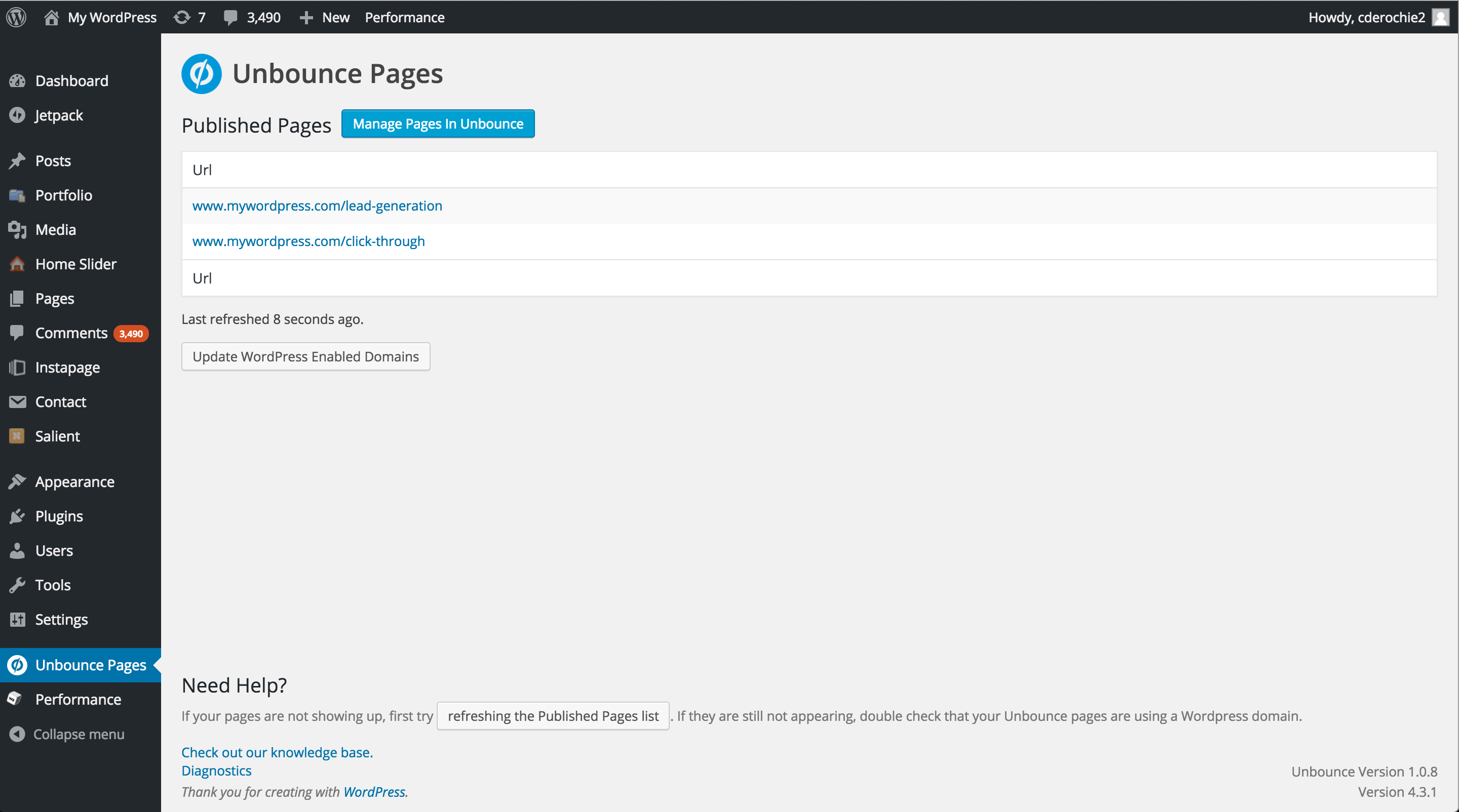 View all of your WordPress landing pages in the plugin’s interface and easily manage them in Unbounce.